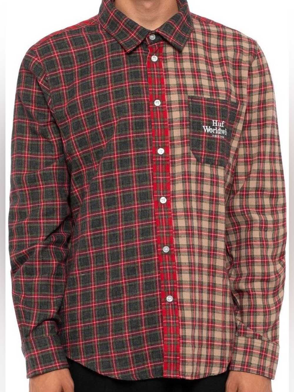 HUF Flannel Plaid Button Down Shirt Size Large Red Brown Holiday Cabincore